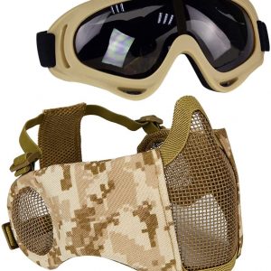 Aoutacc Kit de protection Airsoft avec demi-masque en maille avec protection des oreilles et lunettes  – Pour CS/Chasse/Paintball/Tir