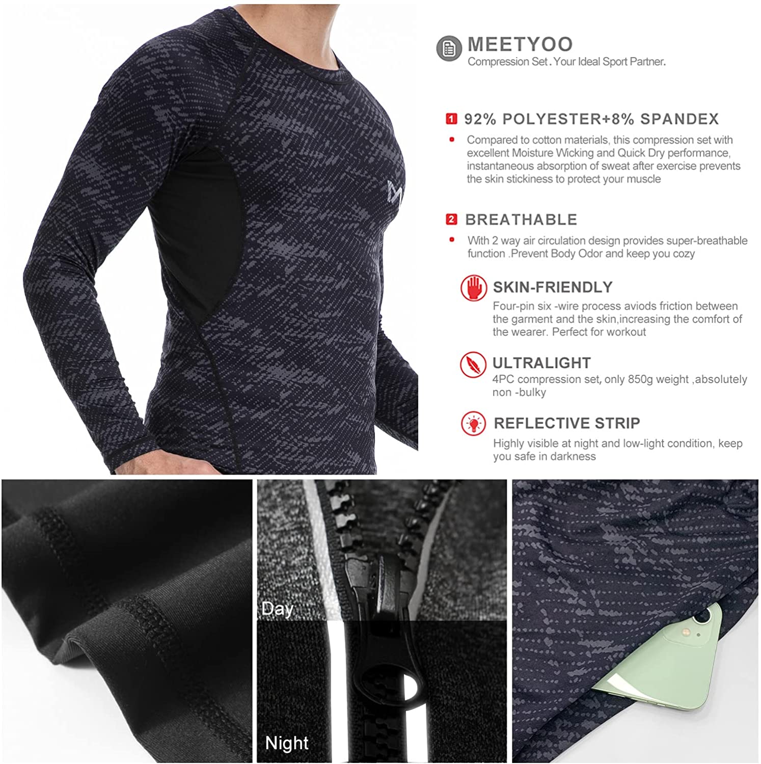 MEETYOO Tee Shirt Thermique Homme Manche Longue, Baselayer Maillot Running  Vetement Fitness pour Sports Jogging Musculation Chemise : : Mode