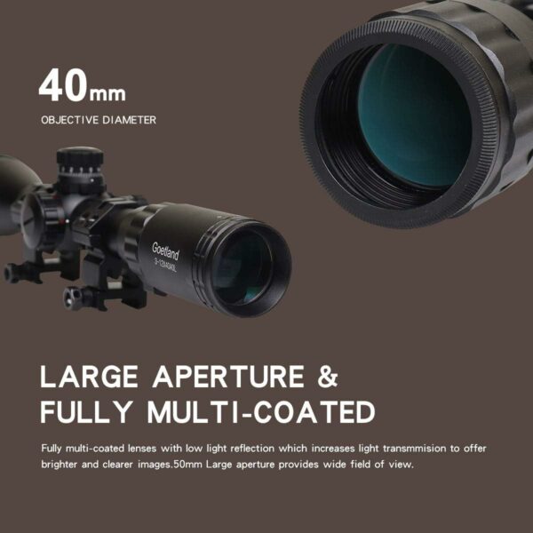 Goetland 3-12x40 AO Lunettes de Visée Airsoft à Réticule Illuminé avec Point Vert et Rouge avec Anneaux de Montage – Image 3