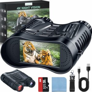 Jumelles Vision Nocturne, TKWSER 4K 2600mAh Rechargeable Infrarouge Vision Nocturne avec 3,2" HD ÉCRAN Zoom Numérique 8X, Visible 300M dans l'obscurité Lunette Vision Nocturne avec TF 32GB pour Chasse