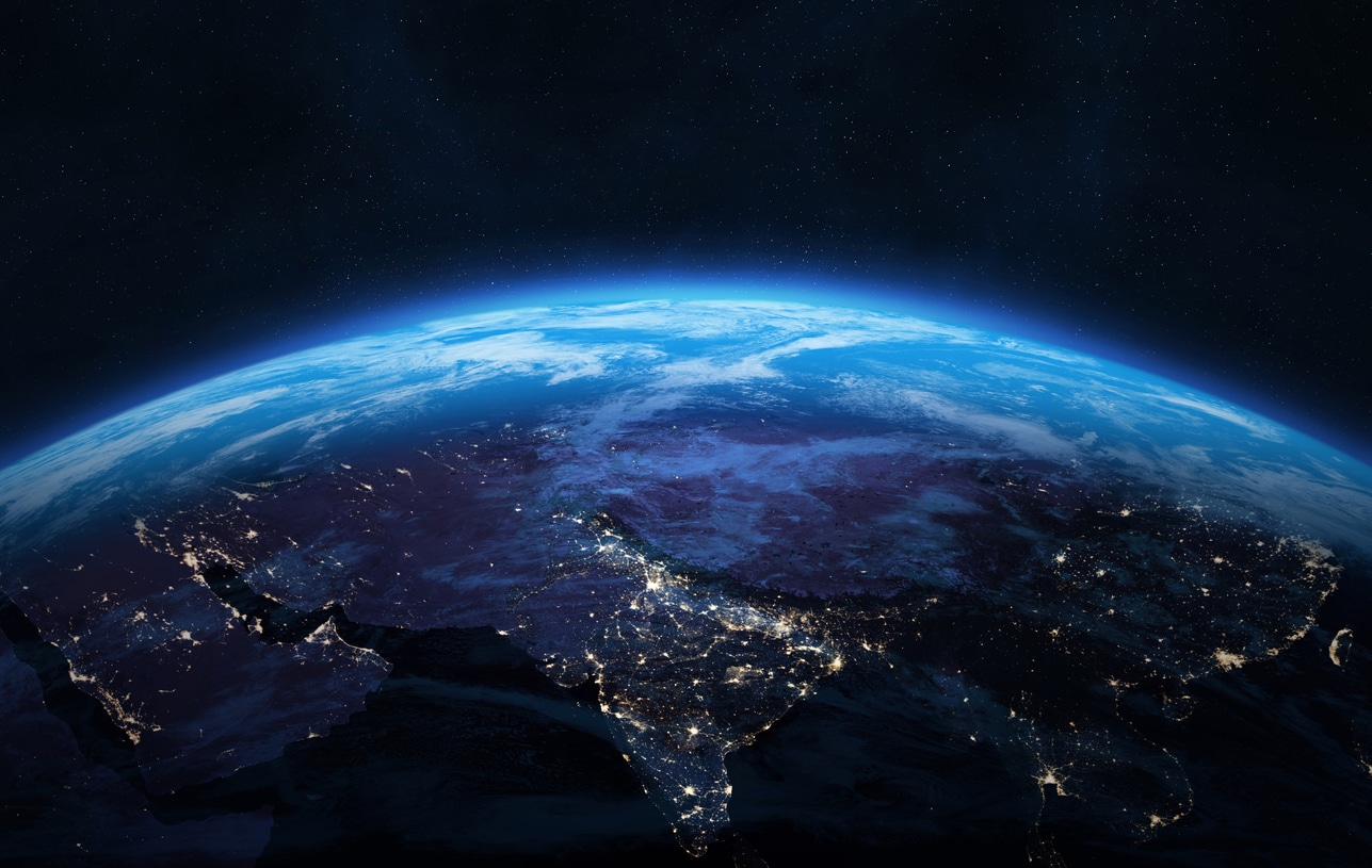 Nightly Earth planet. Space banner template. Asia.